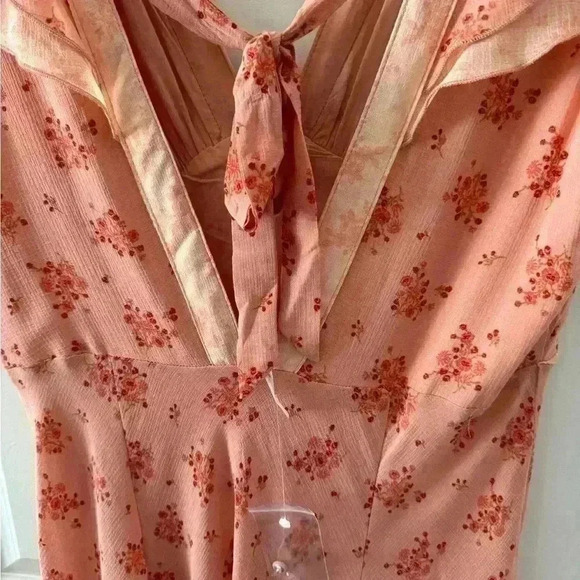 🍑FREE PEOPLE Joaquin Ruffle Plunge Dress ~NEW~ Peach Combo 🍑~HARD TO FIND~Large - Picture 4 of 11